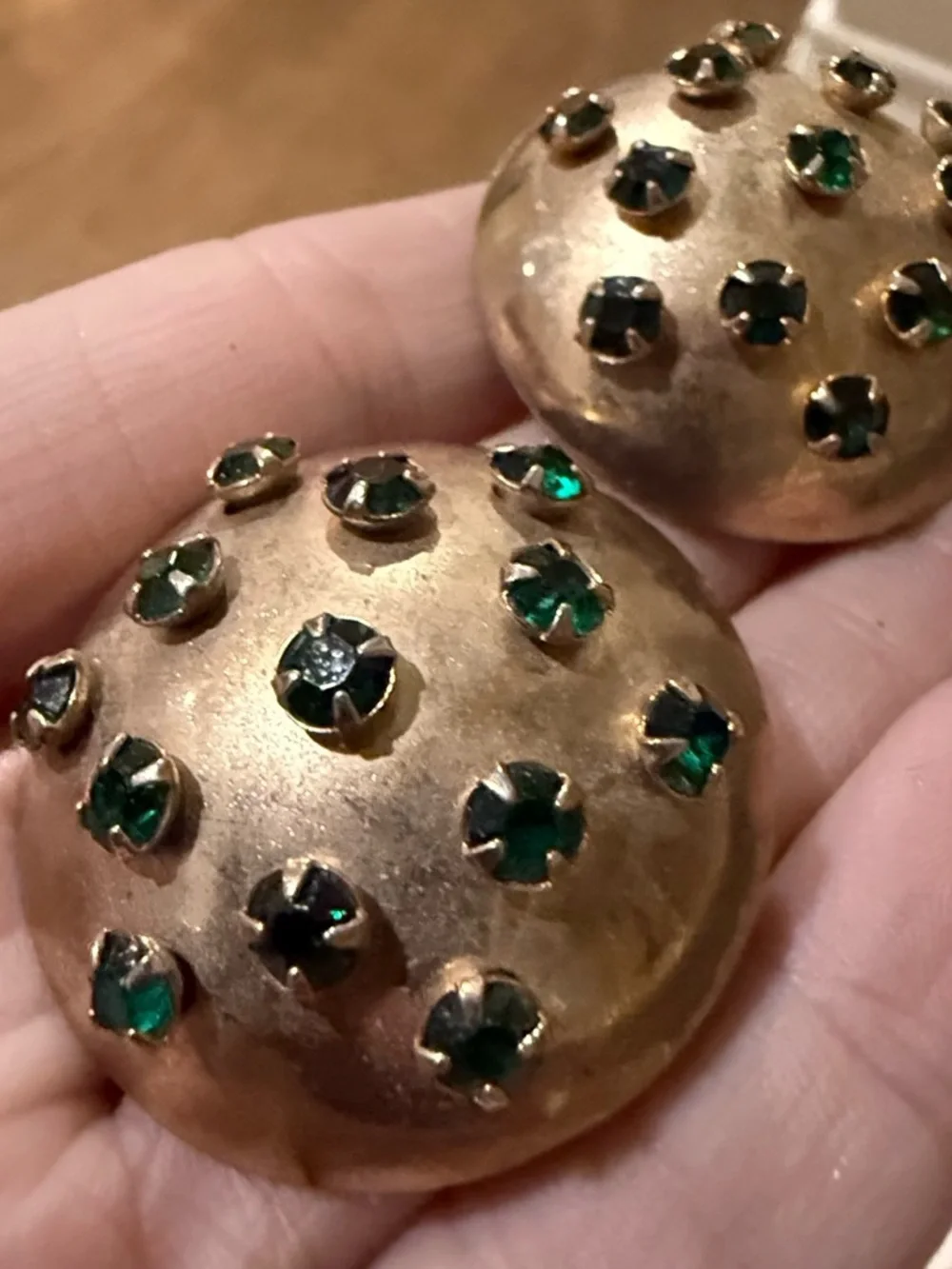 Vintage Gold and Emerald Clip on Dome Earrings